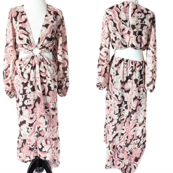 Hint of Blush Dresses & Skirts - Blush Maxi Dress XL Boho Swirl Peach and Brown I Ring Cutout Hippie V Neck Sexy